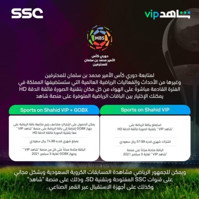 شبكة قنوات SSC تعلن عن باقات نقل المسابقات السعودية والآسيوية عبر “شاهد VIP” وجهاز GOBX بتقنية HD