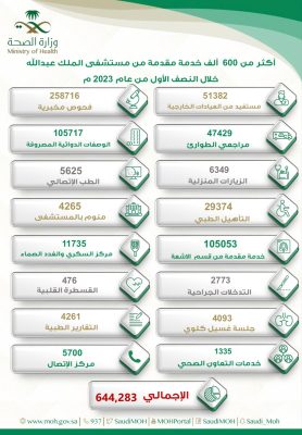 مستشفى الملك عبدالله ببيشة يقدم أكثر من 600 ألف خدمة طبية وعلاجية خلال النصف الأول من عام 2023م