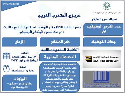 بأكثر من 70 وظيفة ” تقنية الليث ” تطلق الملتقى الوظيفي بالكلية