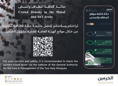 عنايةً بضيف الرحمن.. إطلاق خدمة رقمية تتيح معرفة حالة كثافة المطاف والمسعى في المسجد الحرام